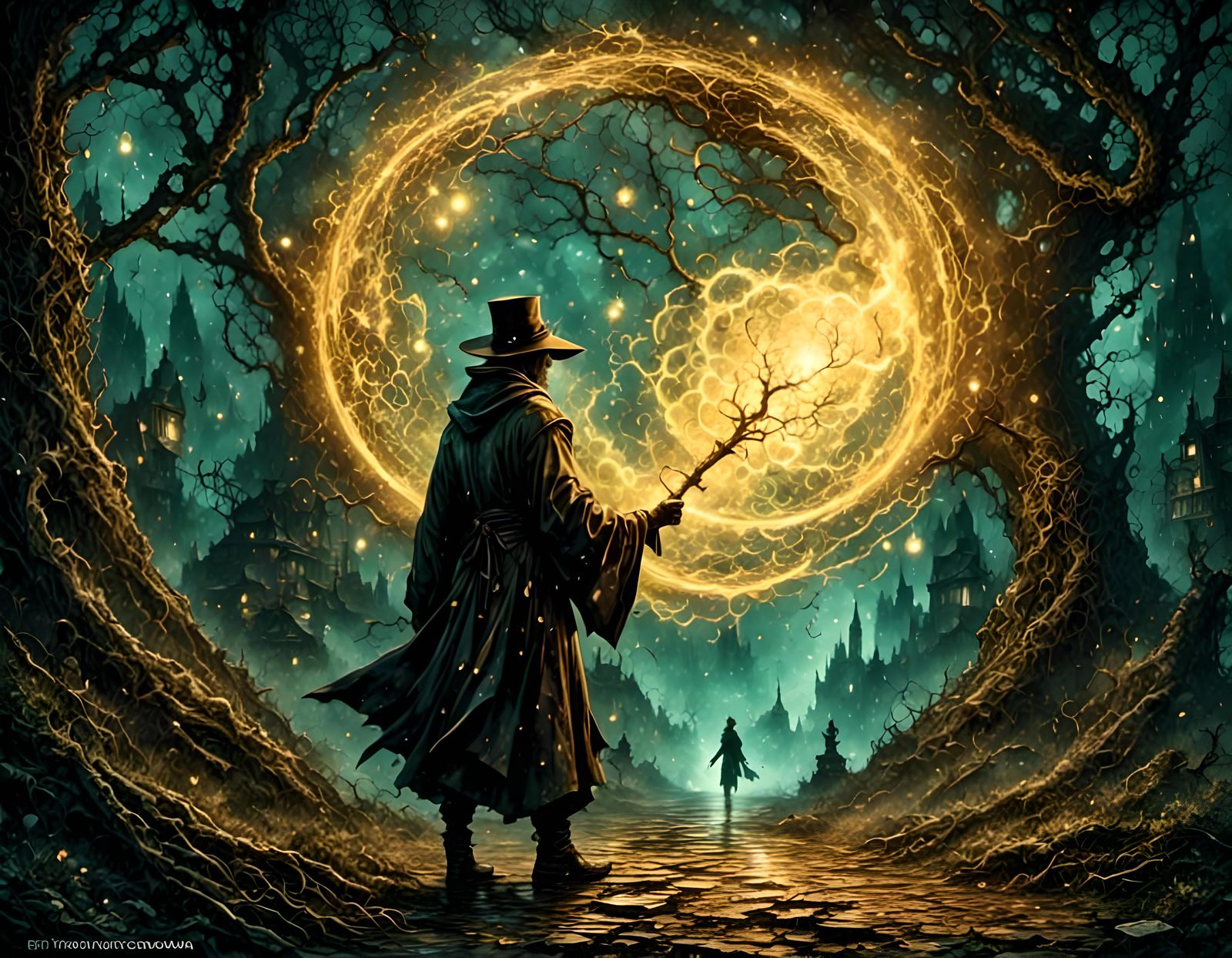 Mage Casting Spell in Cyberpunk Glitchcore Style