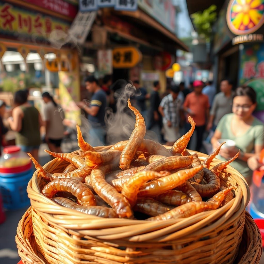 seasoned silkworm larvae served in a traditional bamboo basket.