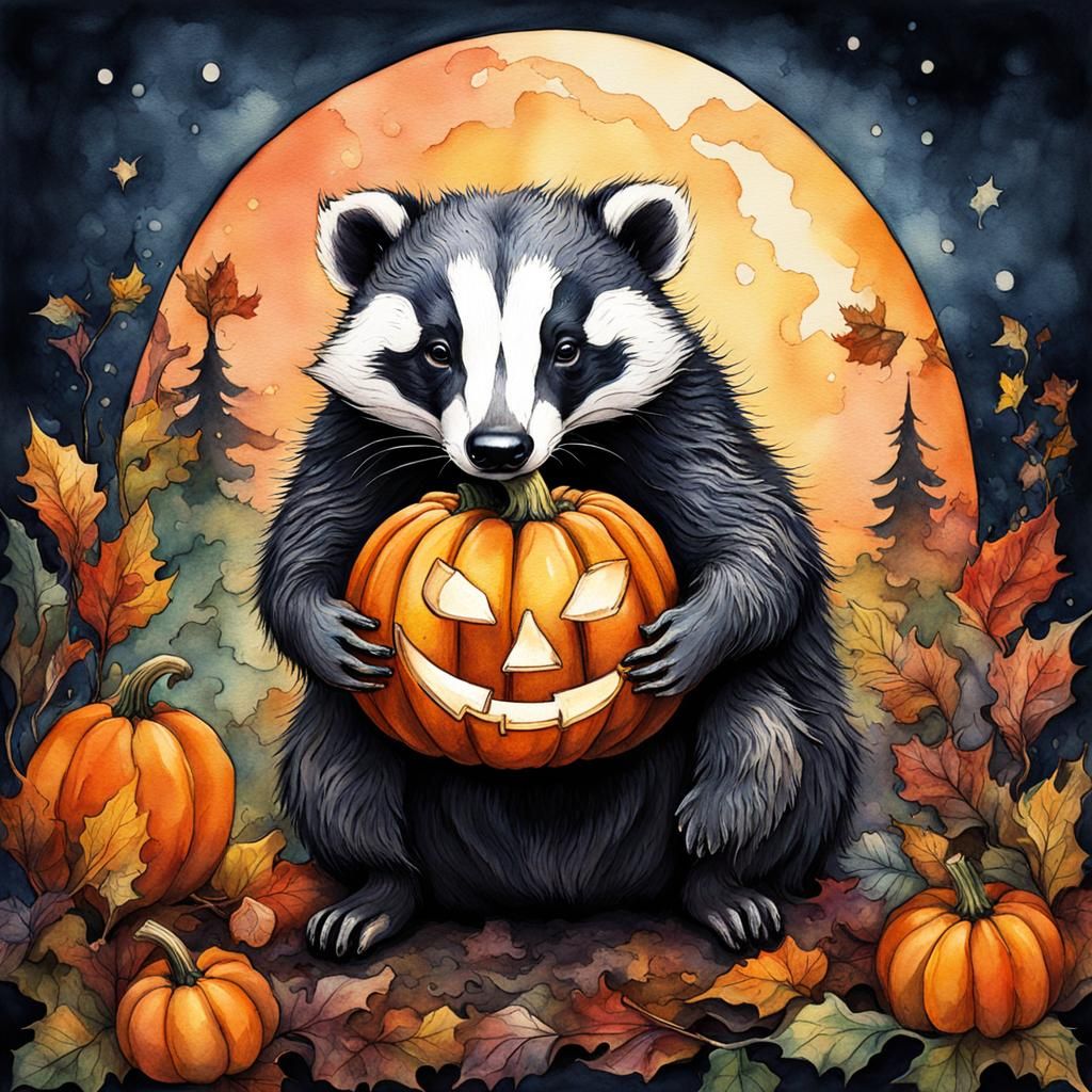 Cute Badger Carving Jack O'Lantern in Watercolor