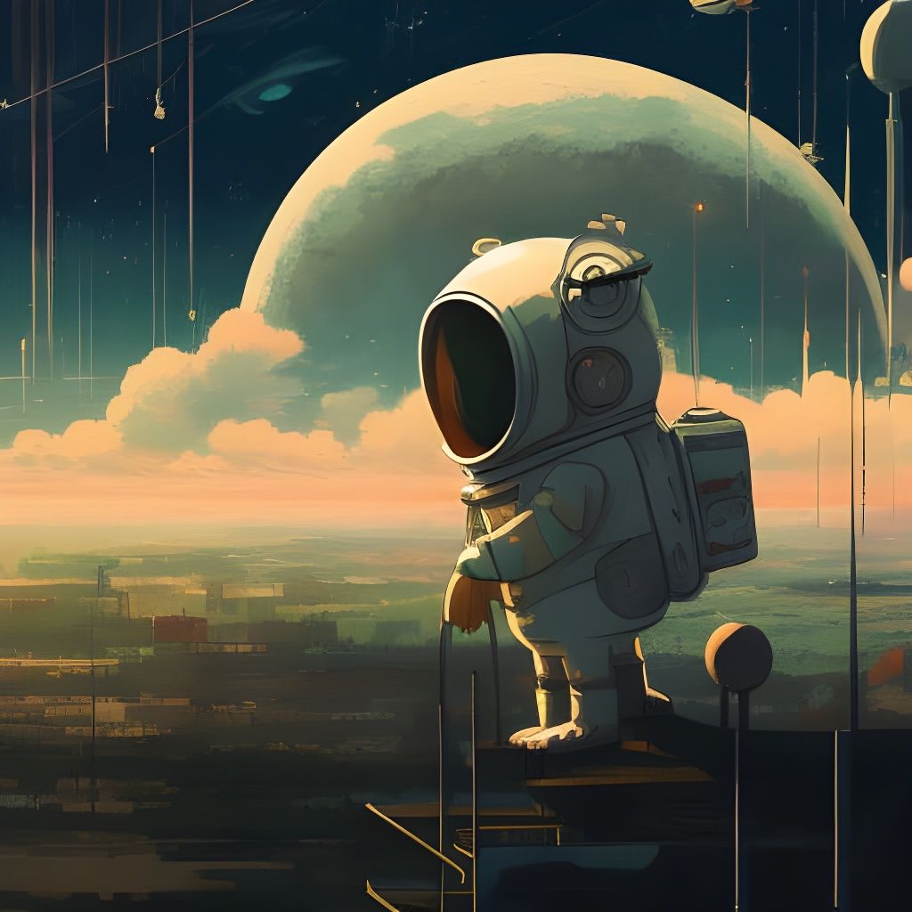 Anthropomorphic Dog Astronaut in Hyperrealistic Landscape