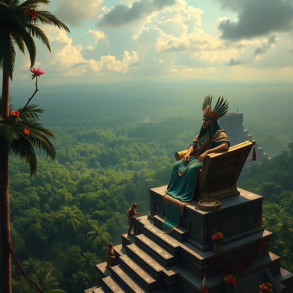 Mayan King Surveys His Kingdom from Pyramid Throne