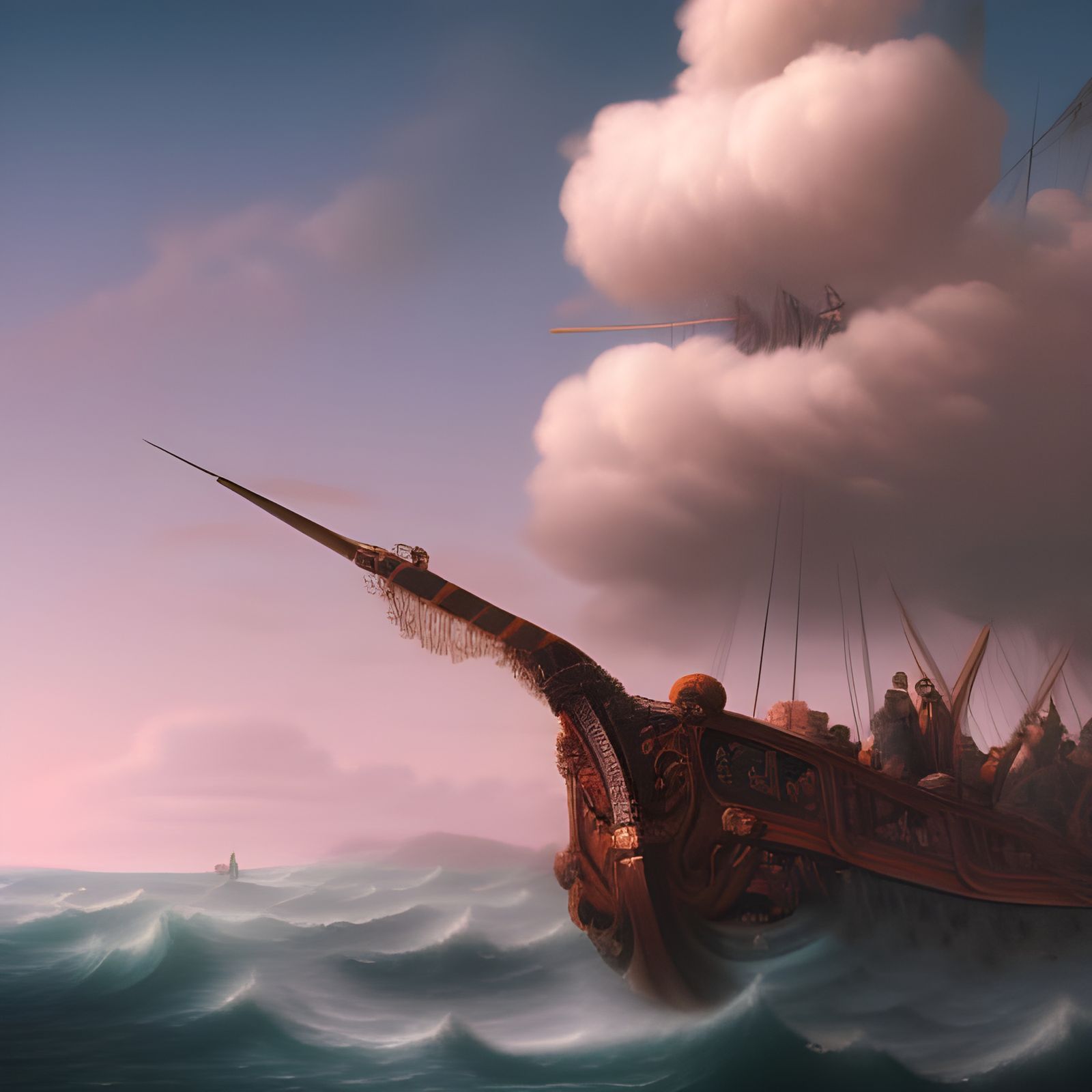 Caravel on Wavy Sea: Baroque Digital Illustration