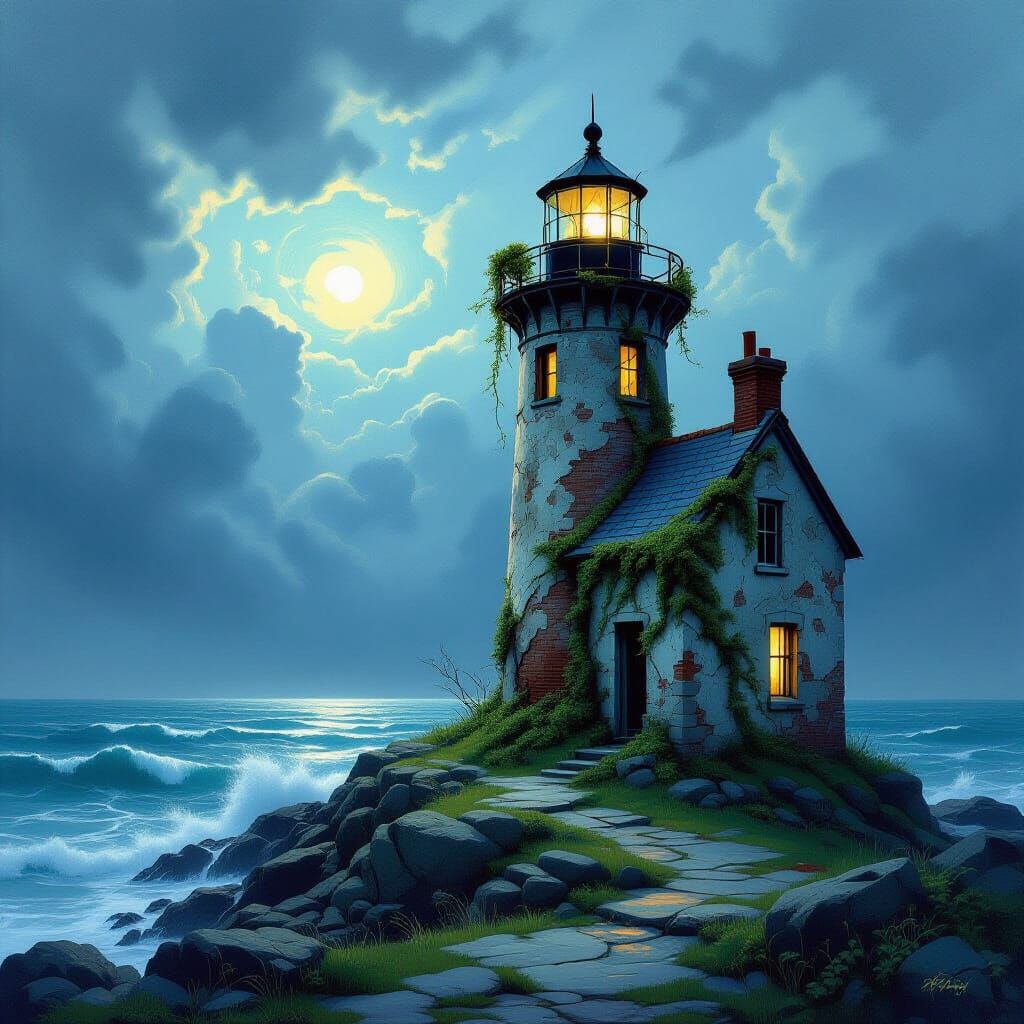 Weathered Lighthouse Reclaimed by Nature, Ethereal Light