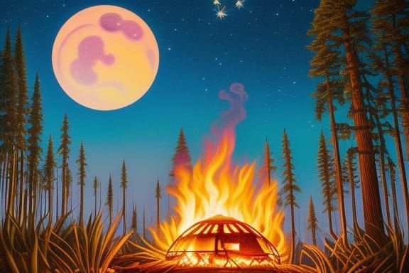 Surreal Sun and Moon Campfire with Mushroom