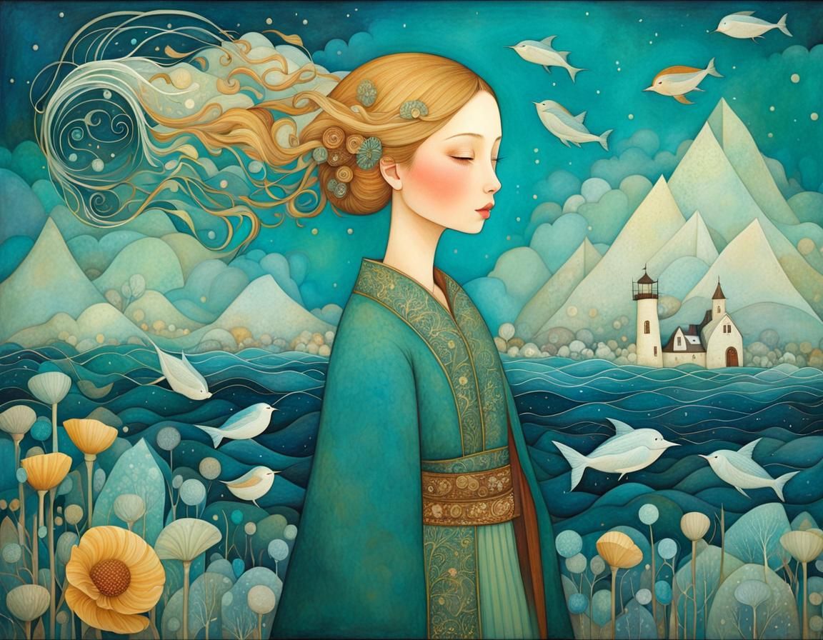 Magical Sea Illustration in Encaustic Painting Style