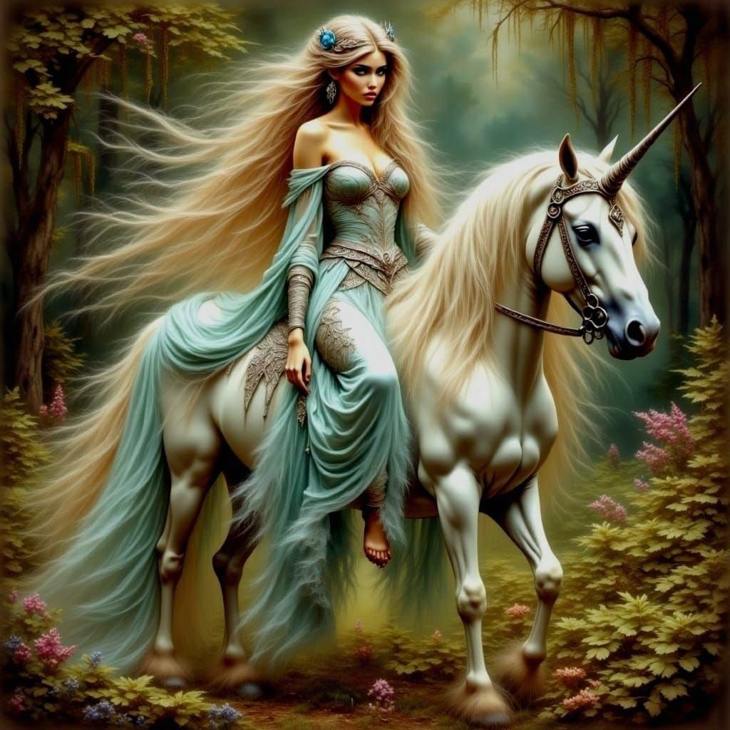 Elf Maiden's Unicorn Ride: Antique Watercolor Style