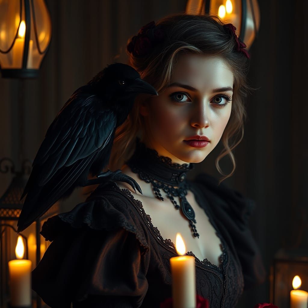 Victorian Woman with Raven in Gothic Setting