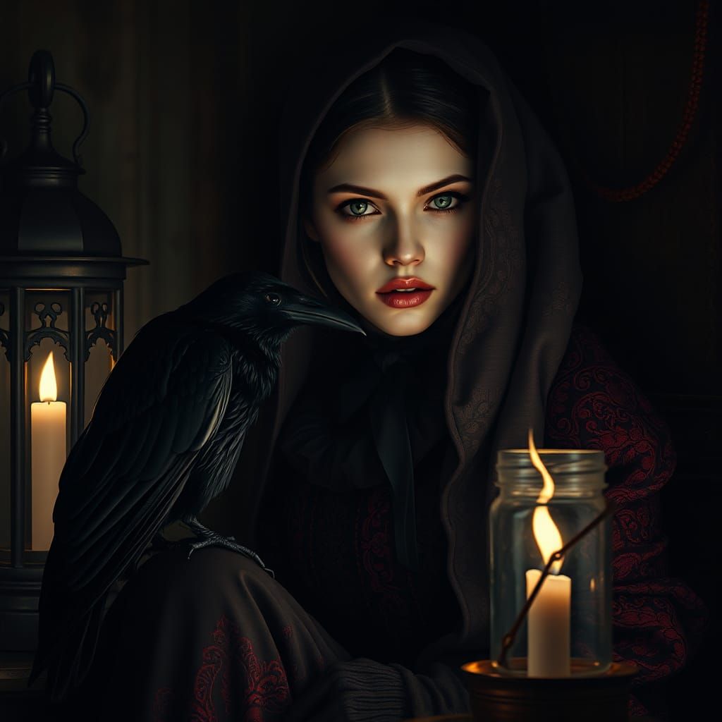 Mystical Woman and Raven Portrait in Gothic Style