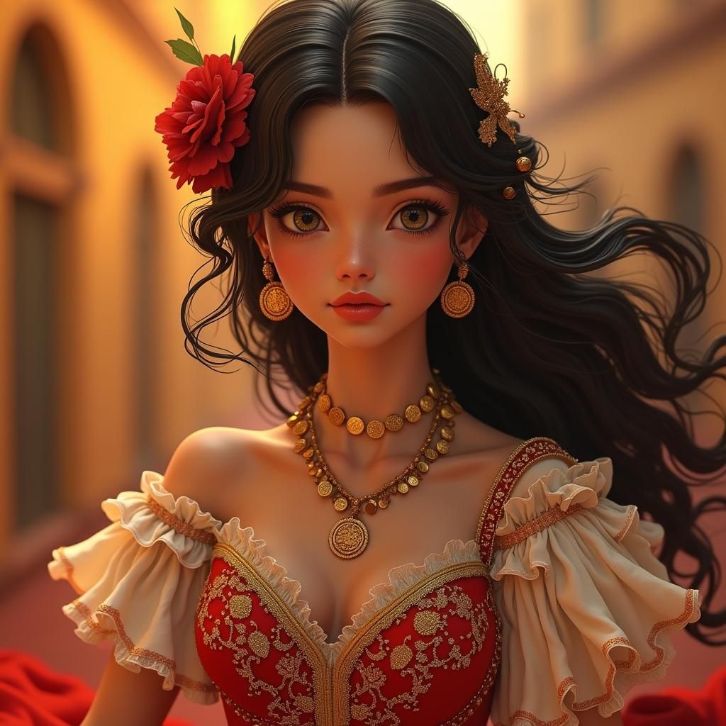 Gypsy Girl in Flamenco Dress: 3D Anime Style