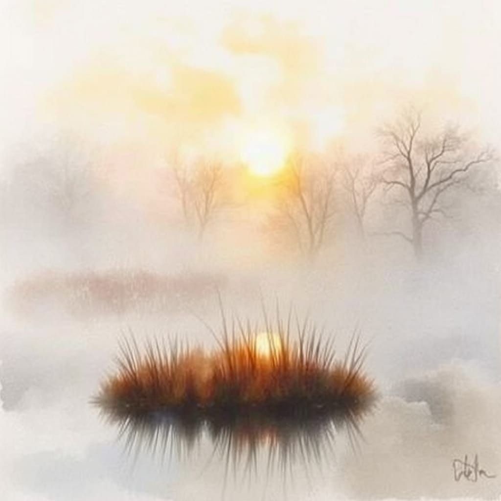 Misty Autumn Pond Sunrise: Watercolor Art