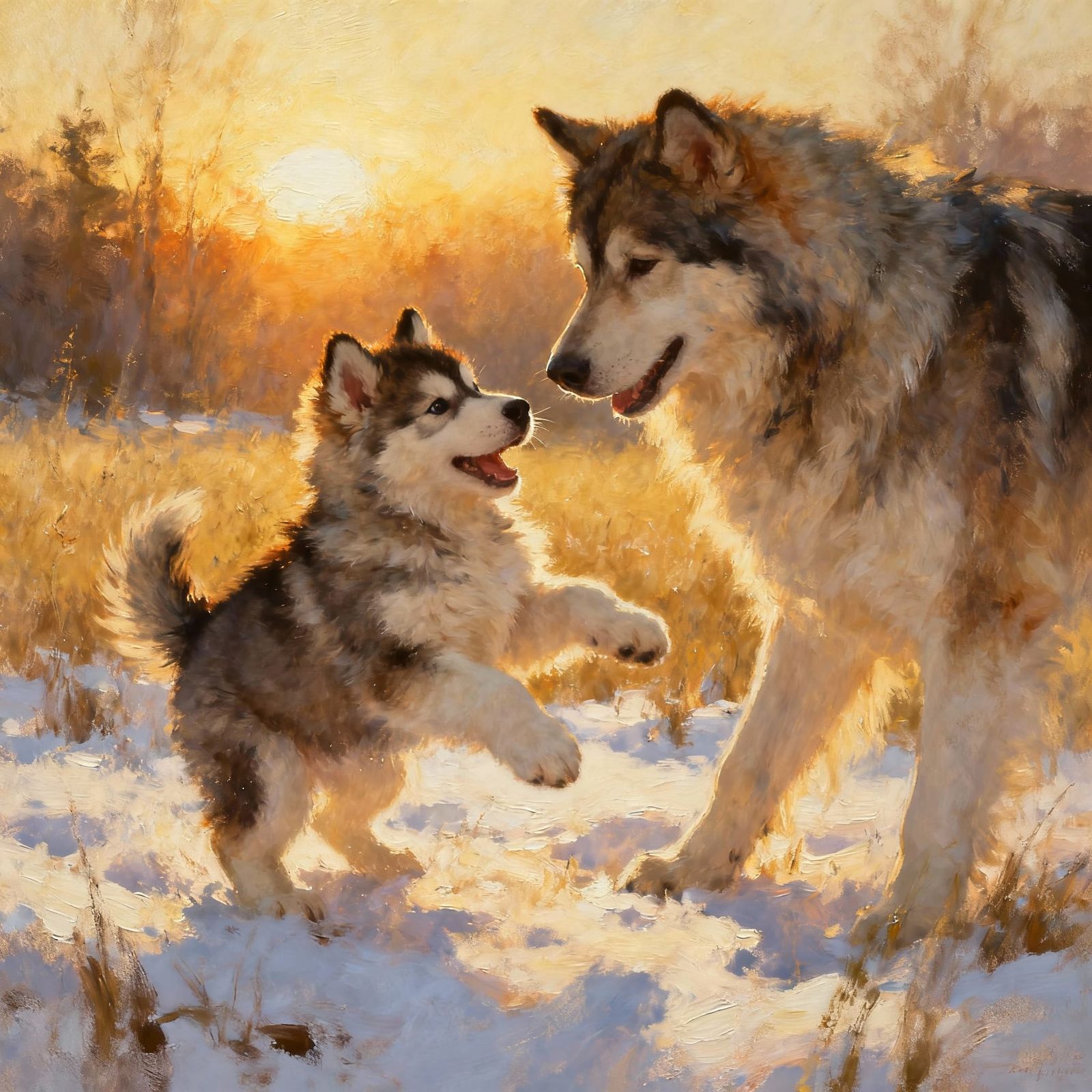 Alaskan Shepherd Dogs Play in Snowy Meadow at Golden Hour