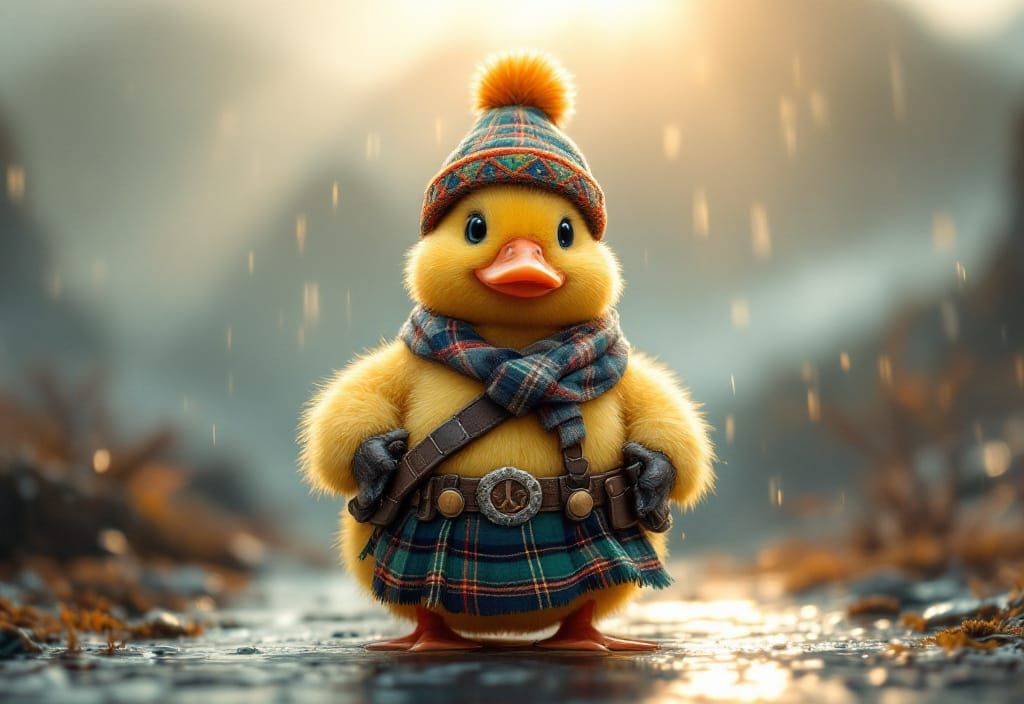 Anthropomorphic Duck in Kilt with Sunrays, Acrylic Style
