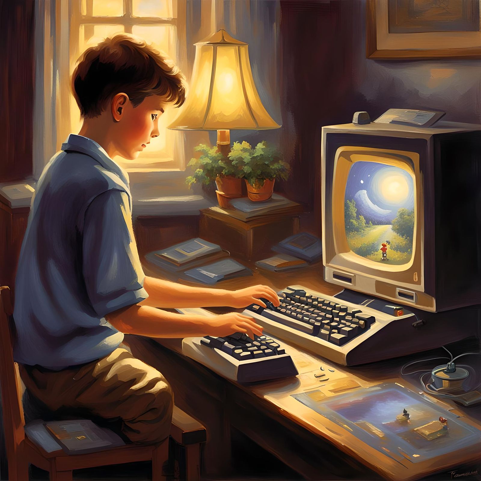 Boy Surfing Internet on Retro Commodore 64