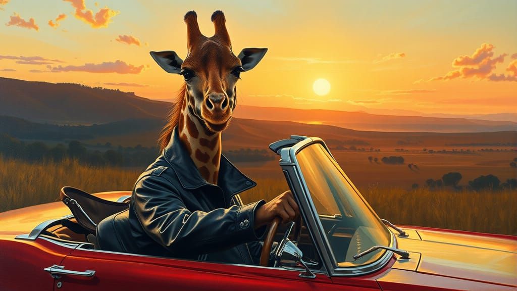 Giraffe Rides Mustang: Golden Sunset Oil Painting