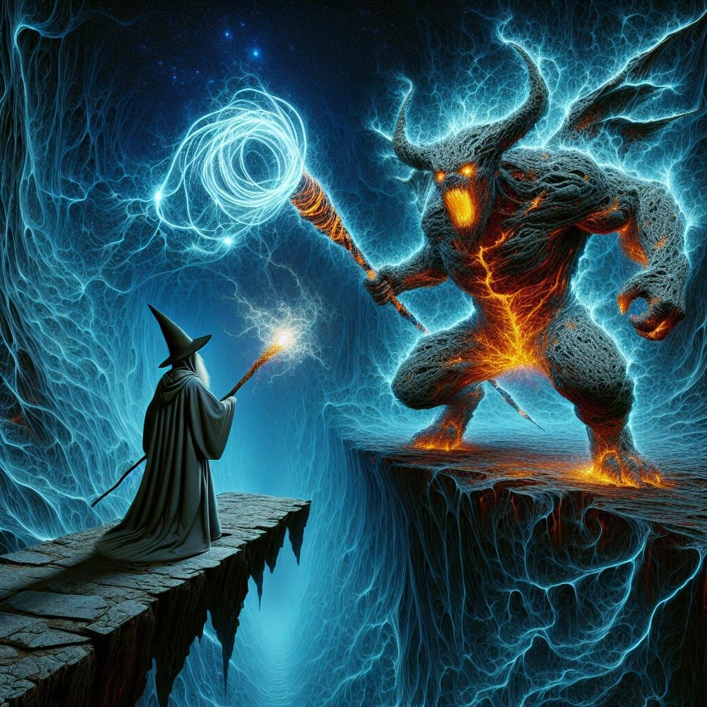 Wizard Confronts Fiery Demon in Abyss