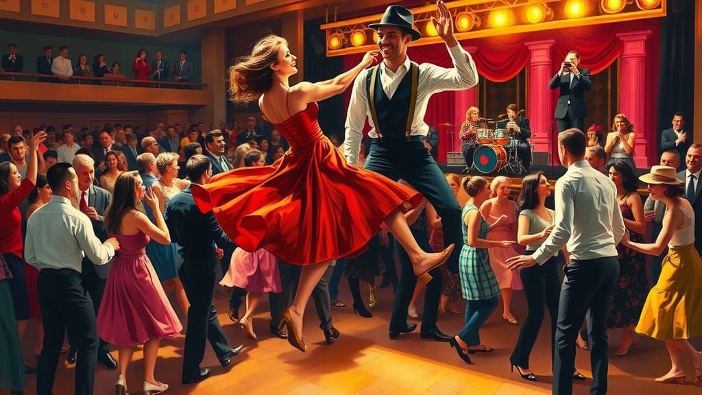 Swing Dance Air Step in a Crowded 1940s Hall