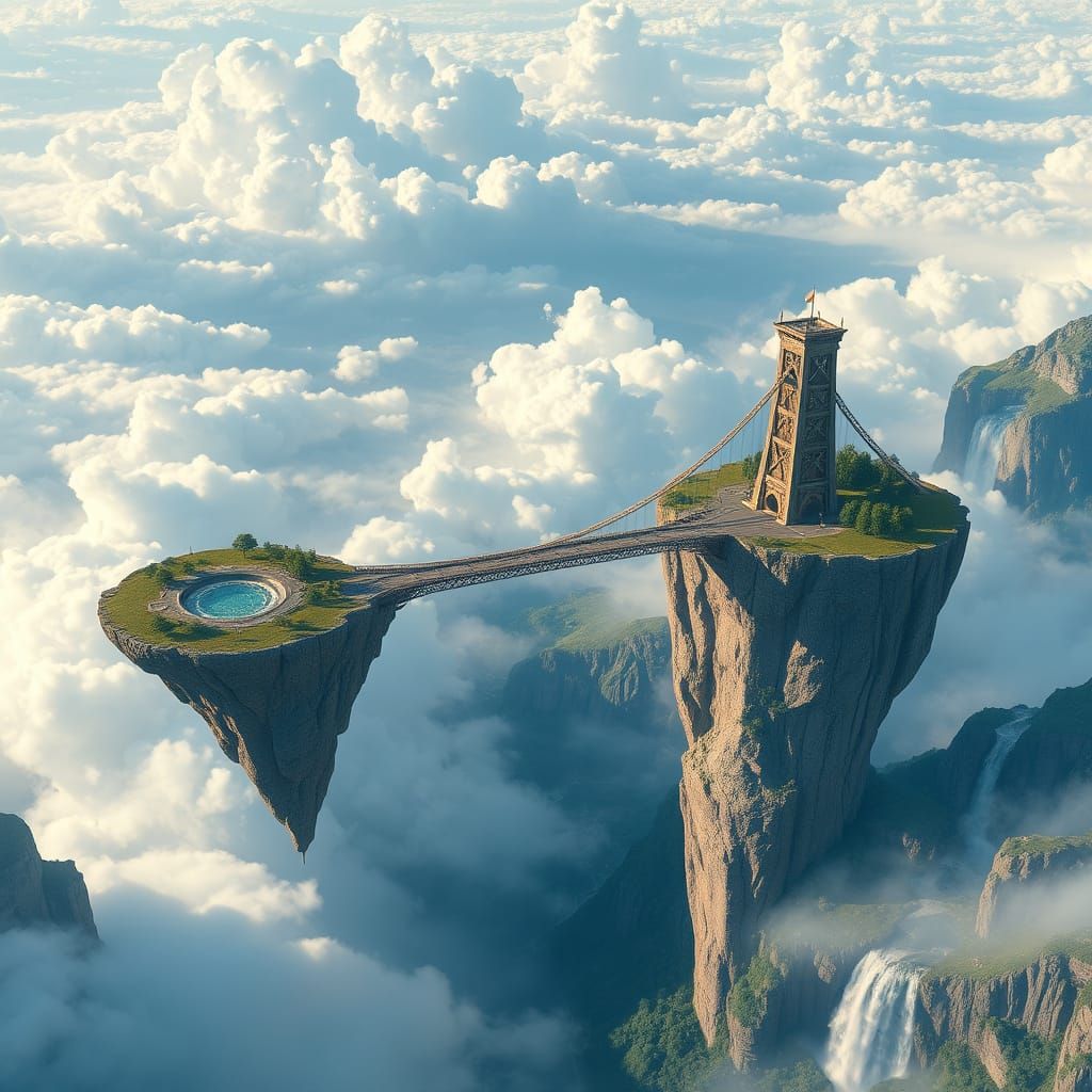 Fantastic bridge connecting two floating islands in the sky