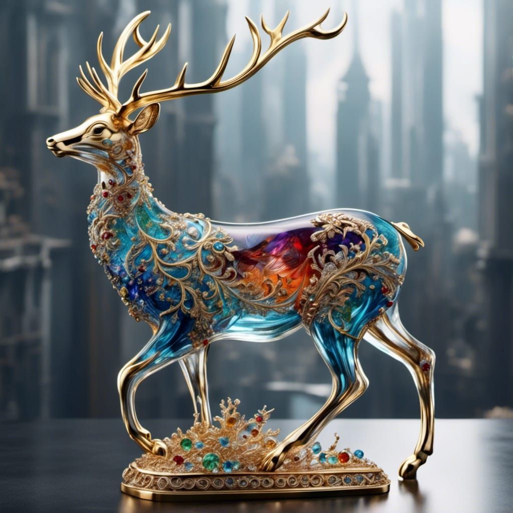 Fractal Jewel Toned Glass Deer Sculpture