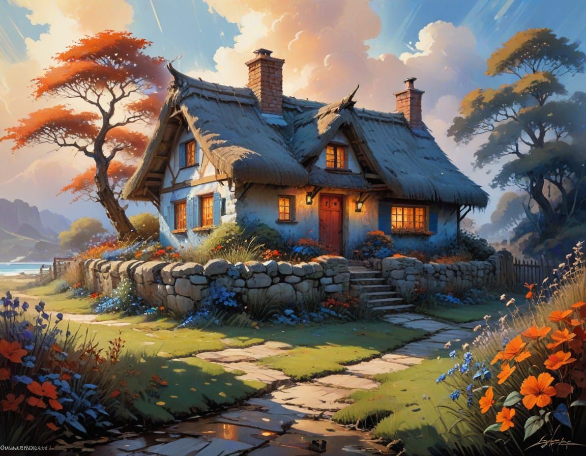 Whimsical Cottage in Vibrant Watercolor