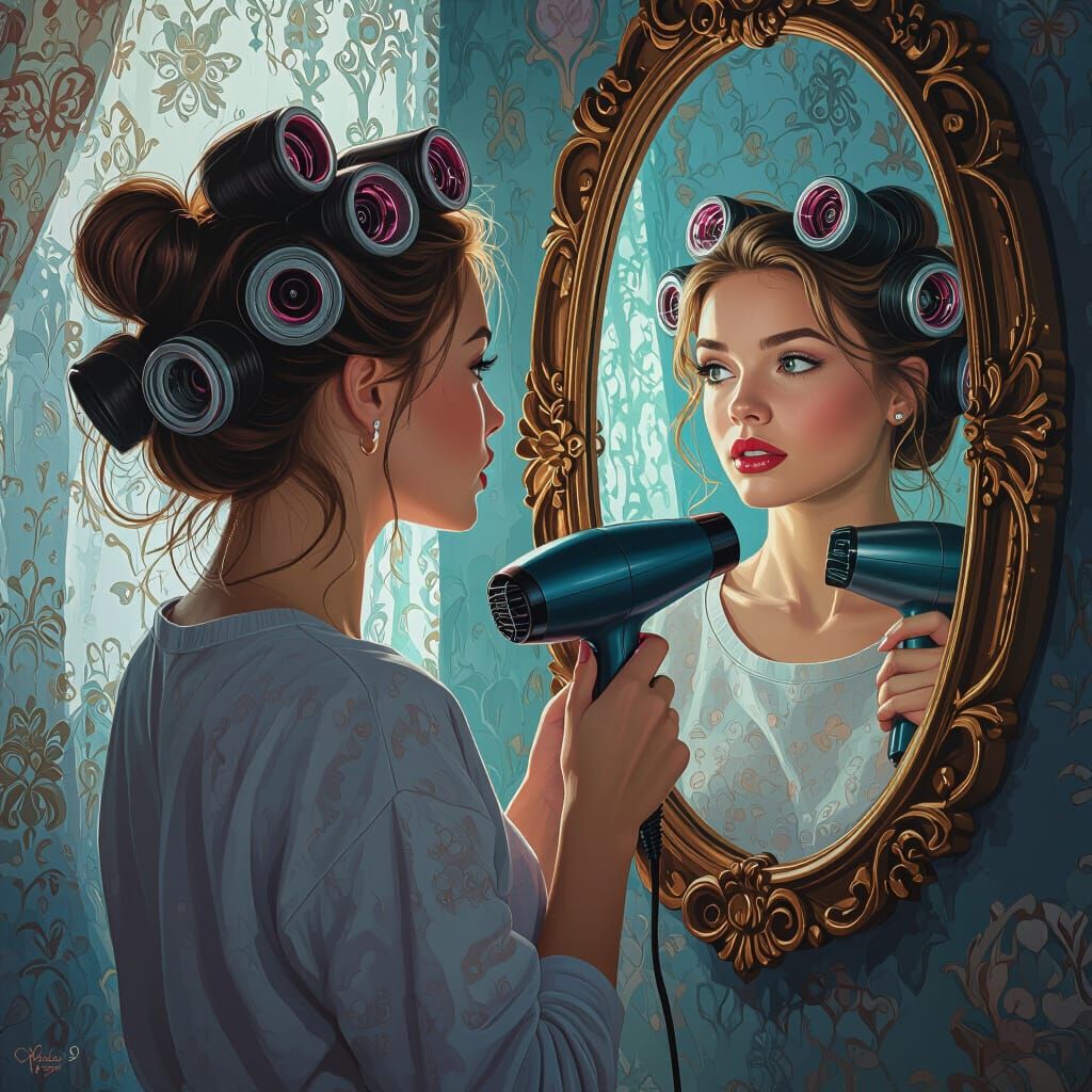 Woman with Hair Rollers in Dreamlike Matte Painting