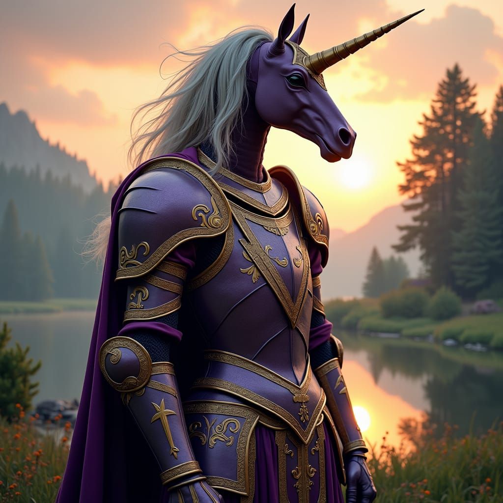 Knight with Unicorn Helmet in Mystical Landscape