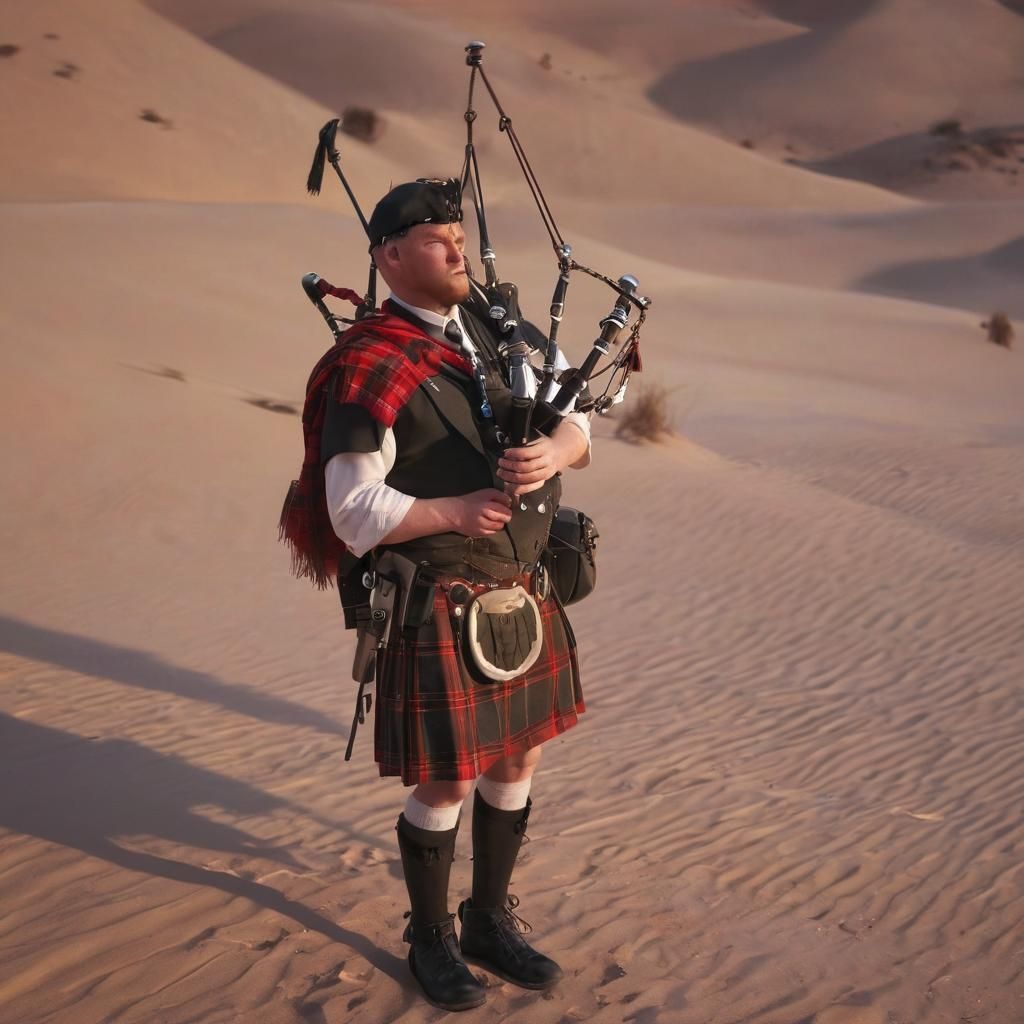 Scotsman in Desert with Bagpipes: Vibrant Concept Art