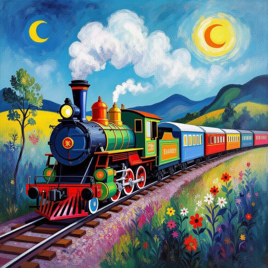 Folk Art Train in Surreal Dreamscape