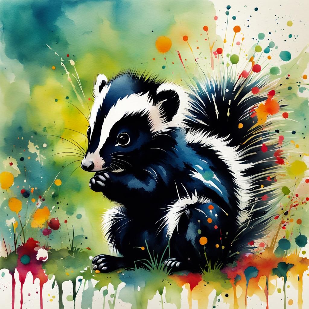 Cute Baby Skunk in Garden: Watercolor Abstract