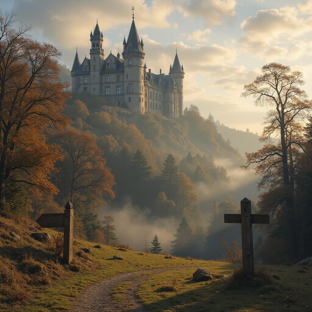 Beaux-Arts Manor House Amidst Autumnal Forest Landscape