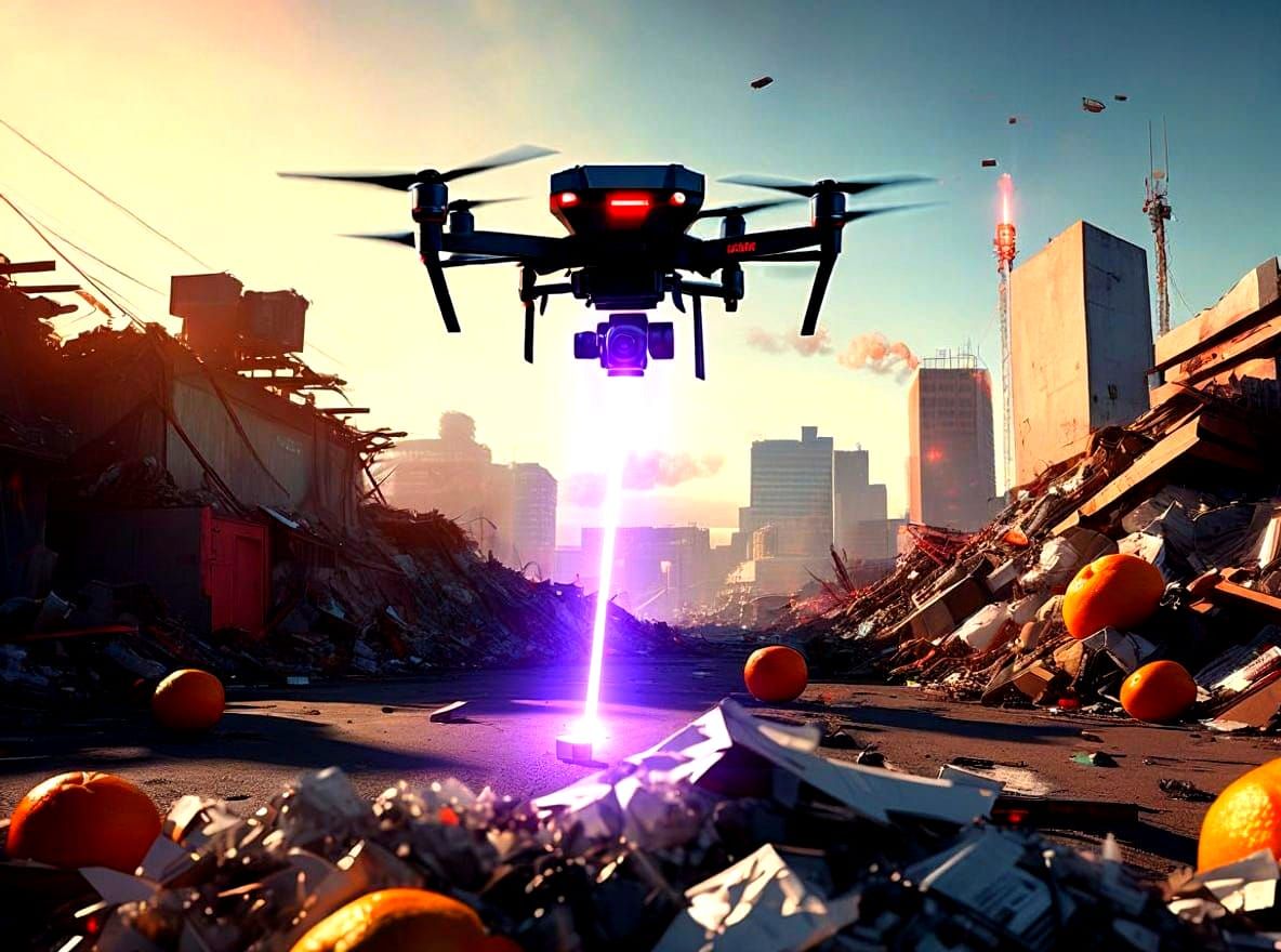 Surveillance Drone Scans Garbage Pile in Cinematic Sunlight