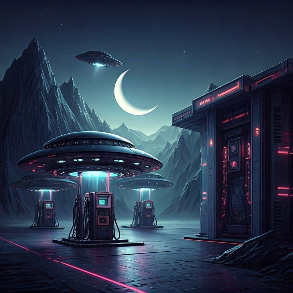 Extraterrestrial Gas Station for UFOs in Retro Sci-Fi Style