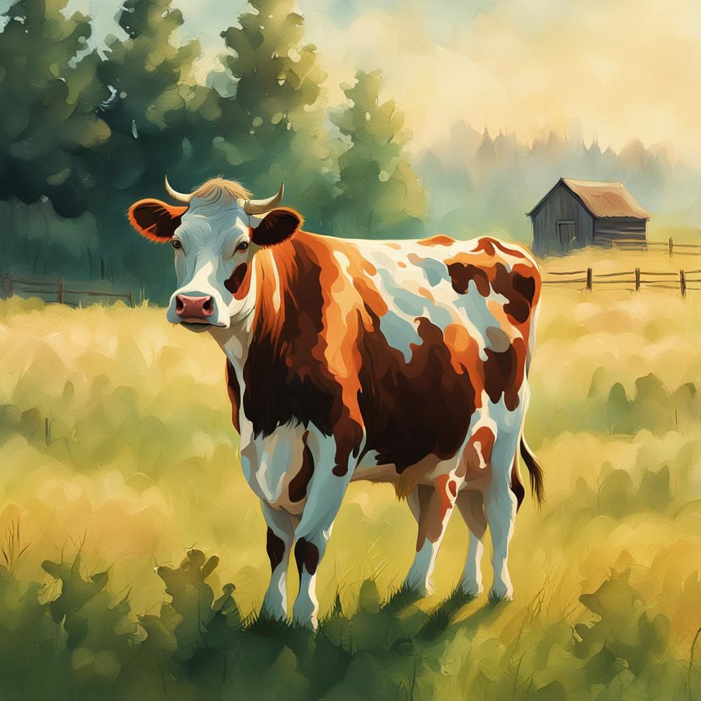 Cow in Meadow: Digital Painting with Soft Sunlight