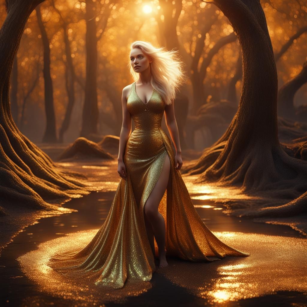 Curvy Blonde in Golden Glitter Wood, Fantasy Art