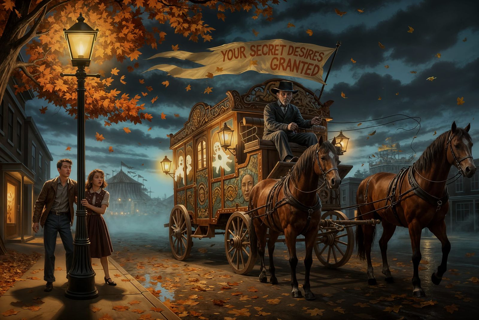 Haunting Autumn Carnival Wagon in Midwestern Town