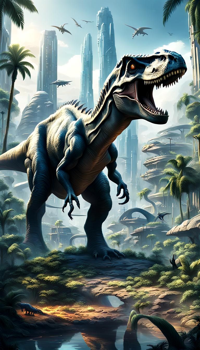 Futuristic City Amidst Prehistoric Jungle: Hyperrealistic Co...
