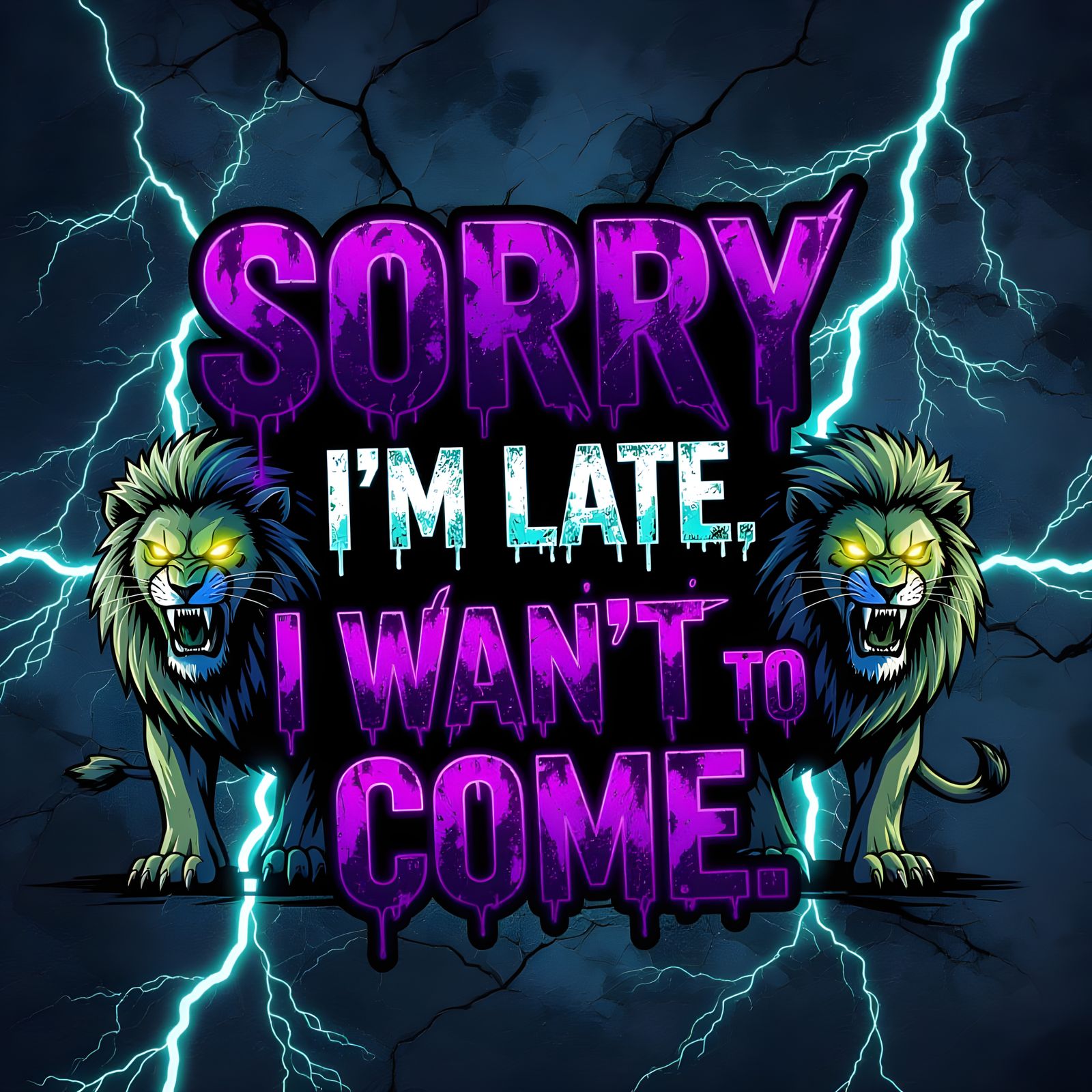 Aggressive Neon Logo with Fierce Lions and Lightning