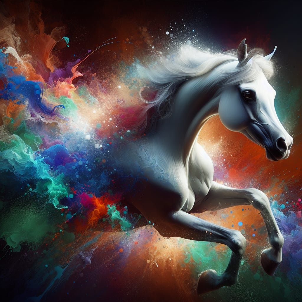 White Arabian Horse Galloping in Abstract Splash Art
