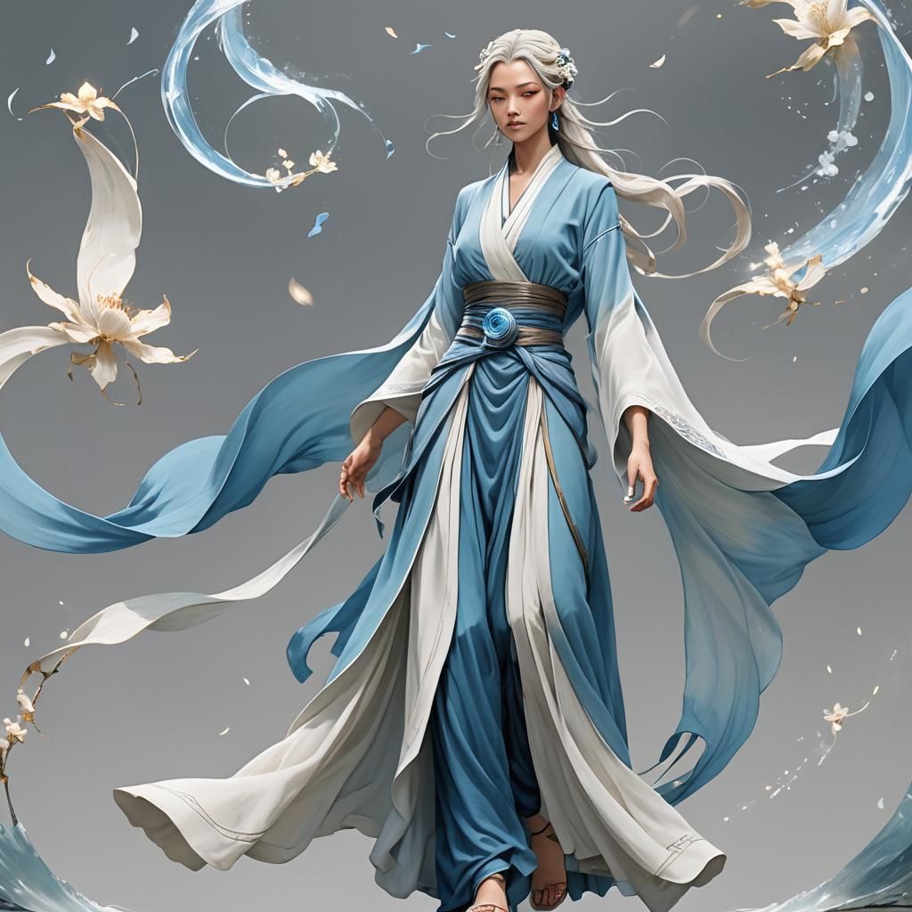 Airbending Fashion: Serene Woman in Flowing Celestial Robes