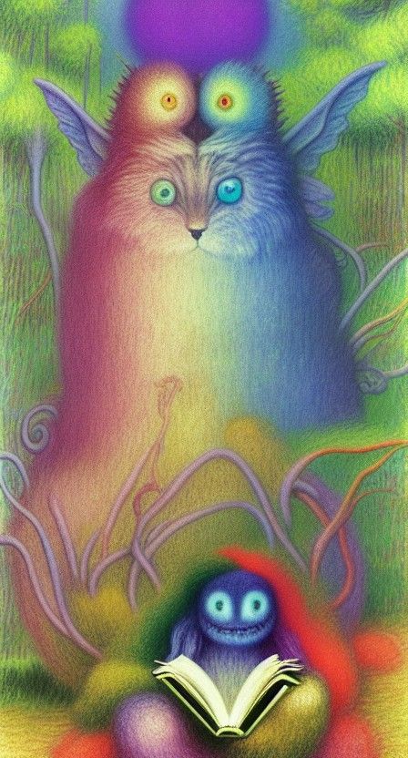 Rainbow Monster Reads in Fairy Grove, Pencil Drawing