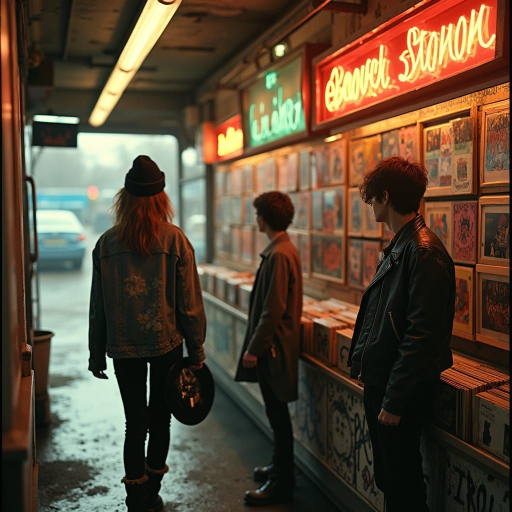 Indie Queens Listening in Record Store, Hyperrealistic 90s F...