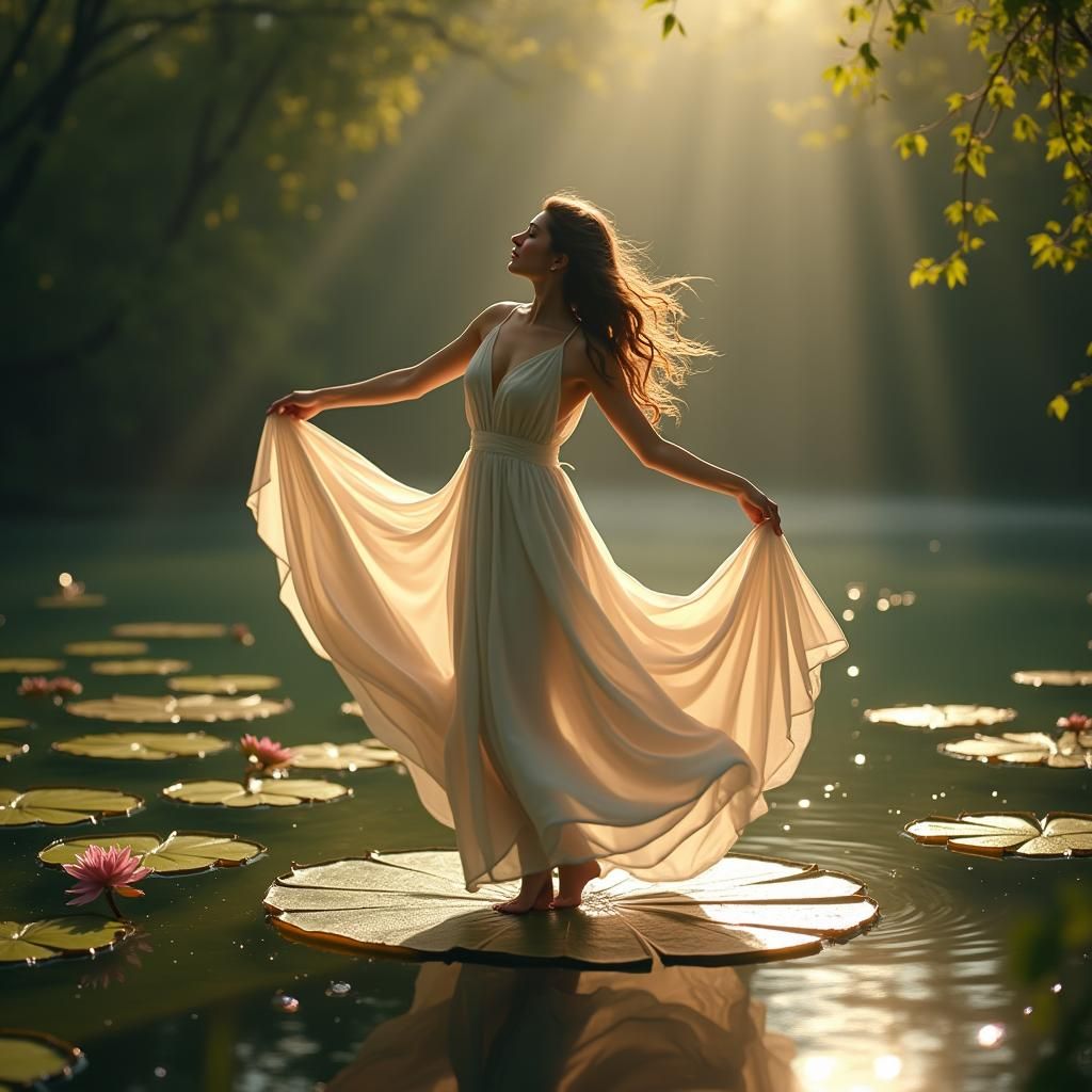 Ethereal Woman Dancing on Lily Pad, Fantasy Concept Art