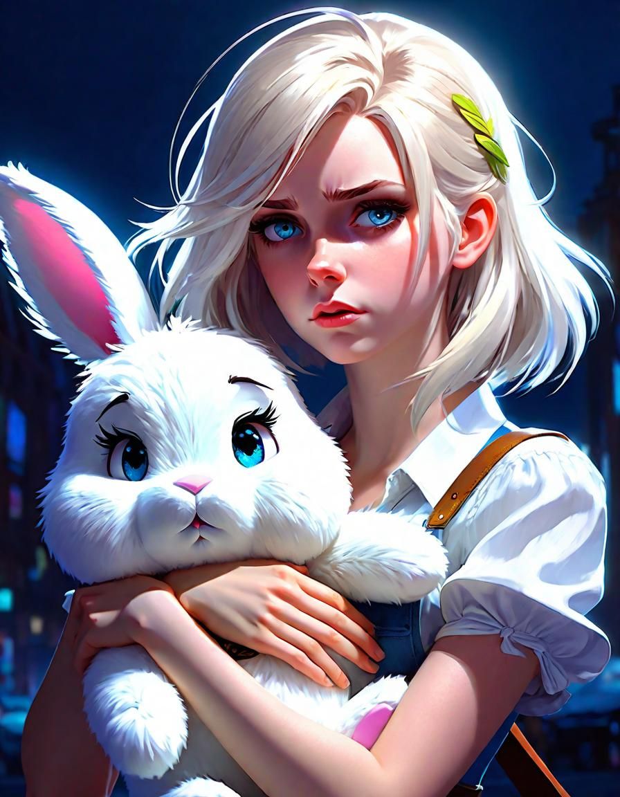 Sad Goddess Angel with Plush Bunny, Digital Art