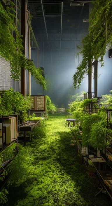 Steampunk Abandoned Bookstore with Vines and Machinery