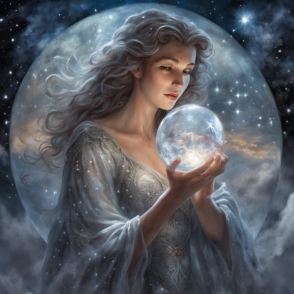 Ethereal Female Wizard Gazing into Crystal Ball