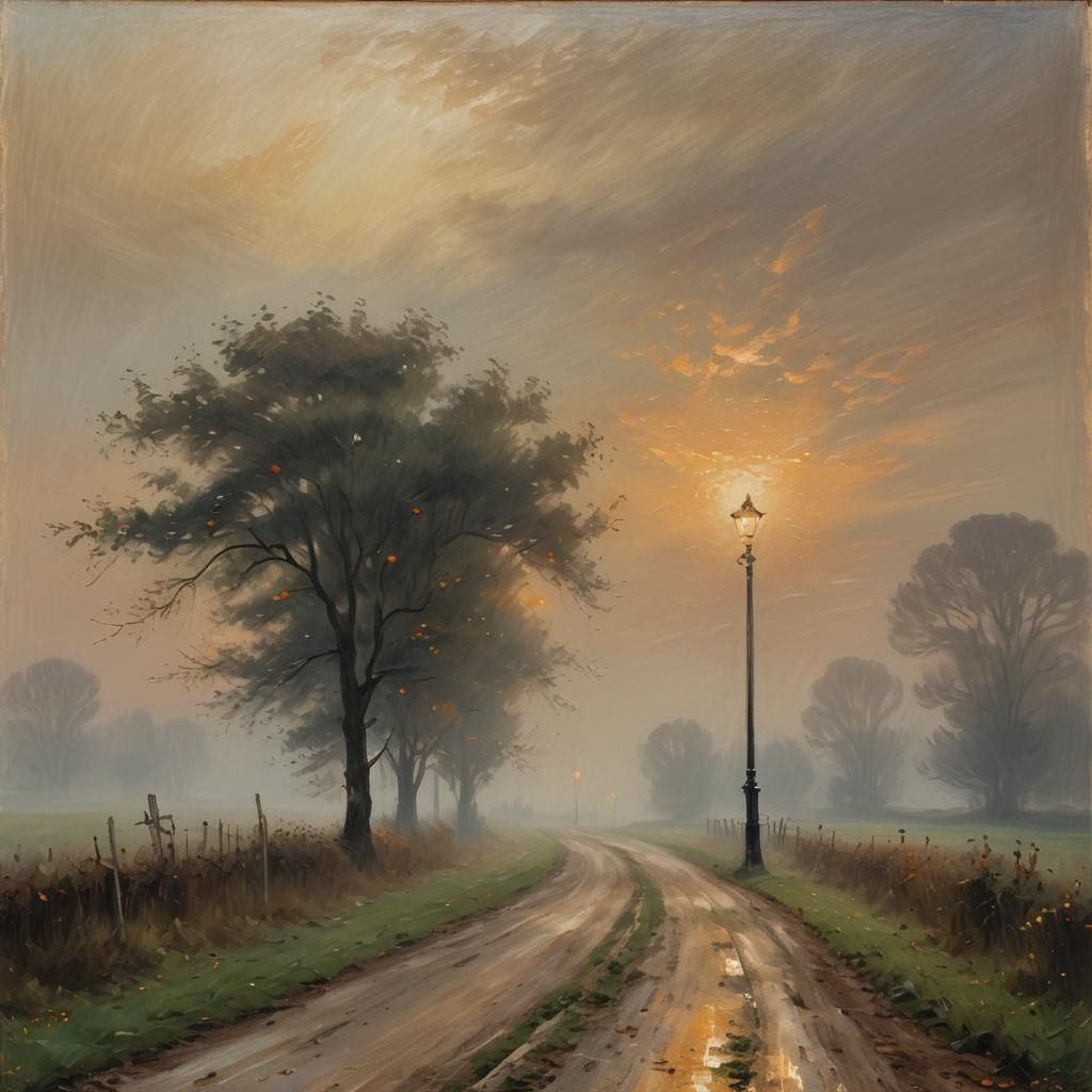 Lamppost in Fog: Impressionist Oil Painting
