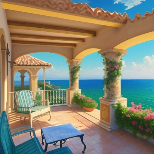 Italian Villa by the Sea as Impressionist Oil Painting