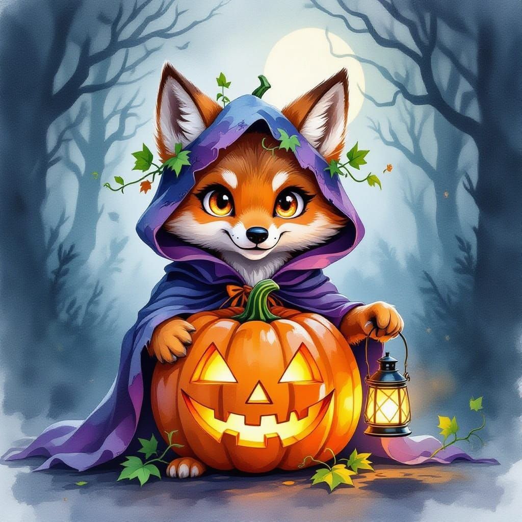 Whimsical Pumpkin Wolf in Misty Forest