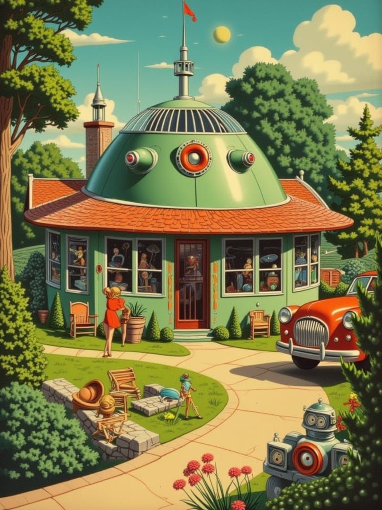 Retro Futurism Cottagecore Painting of Greenville, Michigan