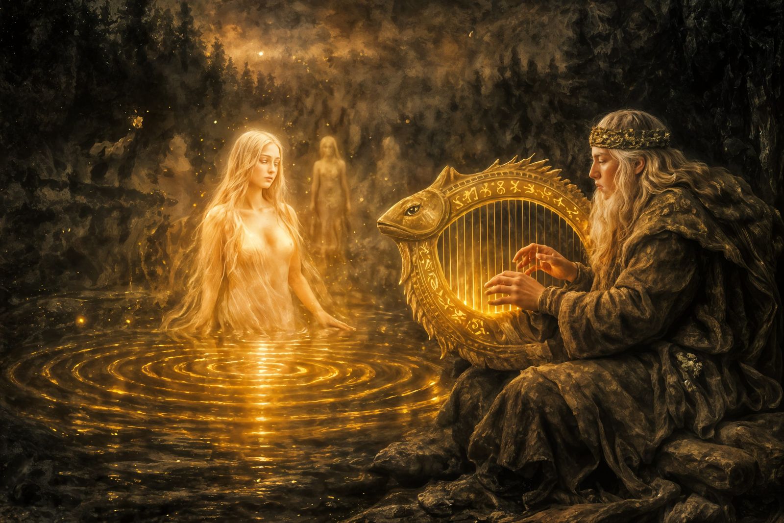 Finnish Mythic Hero Plays Harp to Lake Spirits