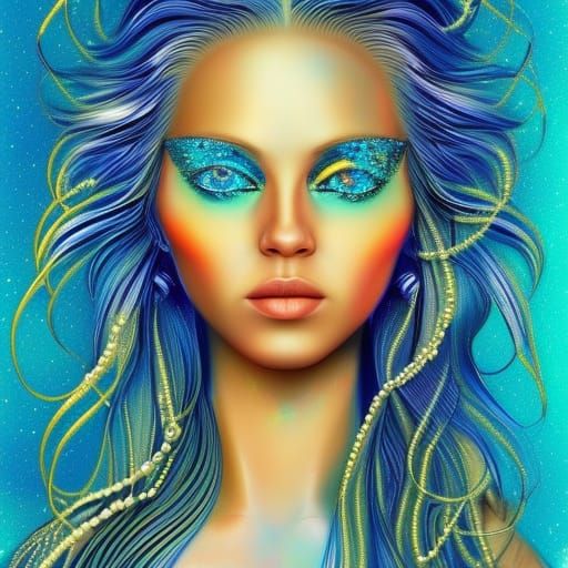 Beautiful siren with long golden hair and blue eyes and  a  blue ocean filled with seashells and pearls